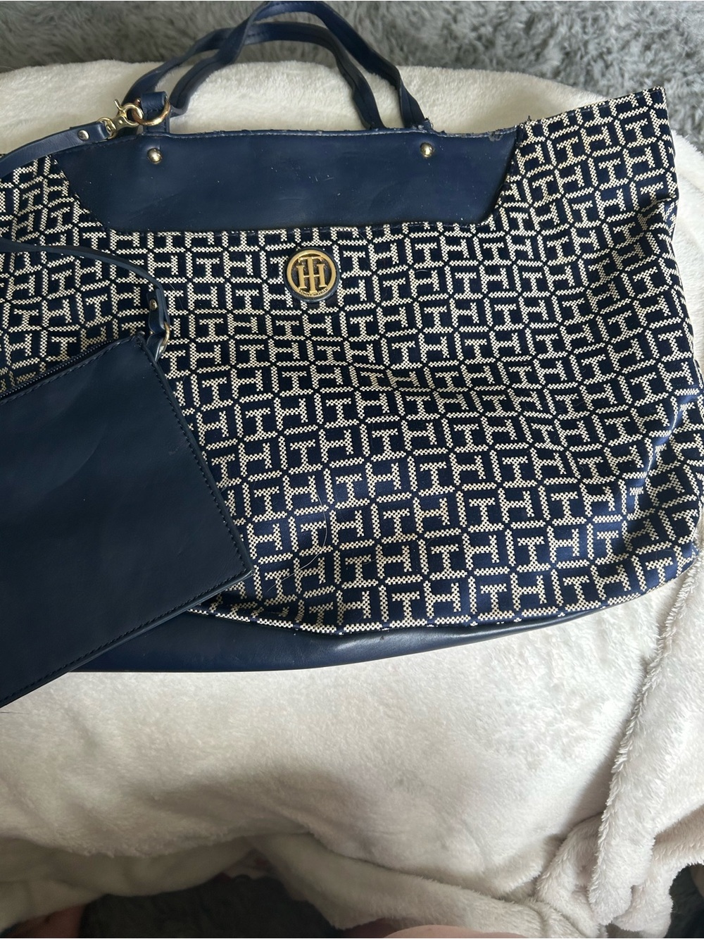 Tommy Hilfiger Navy and Cream Monogram Tote with Wristlet